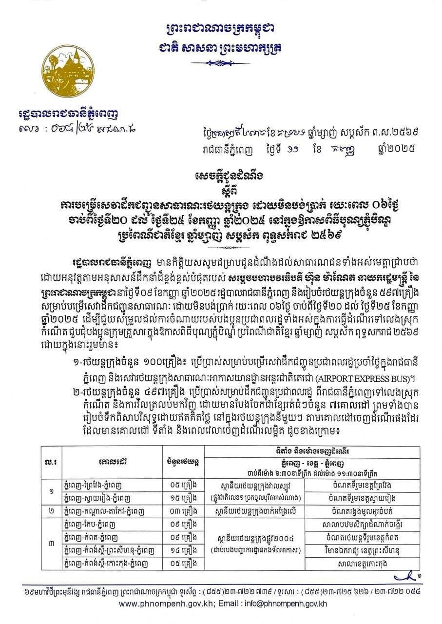  រថយន្ដក្រុងសាធារណ:រដ្ឋបាលរាជធានីភ្នំពេញ " ជិះដោយមិនបង់ប្រាក់ " បានរៀបចំរួចរាល់នៅតាមគោលដៅខេត្ដនីមួយៗ ដើម្បីត្រៀមដឹកជញ្ជូនបងប្អូនប្រជាពលរដ្ឋទាំងអស់វិលត្រឡប់មករាជធានីភ្នំពេញវិញ នៅថ្ងៃស្អែក សម្រាប់​ថ្ងៃ​ទី​២៥​ ខែ​កញ្ញា​ ឆ្នាំ​២០២៥​ សូមប្រកបដោយស្នាមញញឹម សុវត្ថិភាព និងផាសុកភាព។
សូមបងប្អូនប្រជាពលរដ្ឋទាំងអស់ សូមមកទទួលសេវារថយន្ដក្រុងសាធារណ: "ជិះដោយមិនបង់ប្រាក់" ។